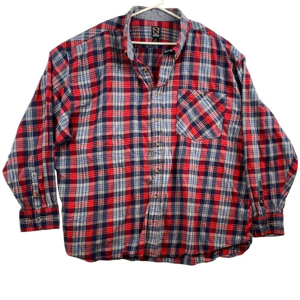 Noble Outfitters Mens Shirt 4XL Plaid Button-Up In Red & Blue 100% Cotton